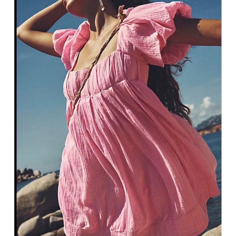 Free People Marina Mini Dress Pink Puff Sleeve Strappy Back Cotton Boho S